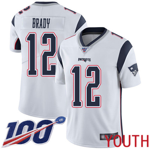 New England Patriots Football 12 Vapor Untouchable 100th Season Limited White Youth Tom Brady Road NFL Jersey